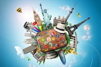 Erdkugel mit bekannten Sehenswürdigkeiten